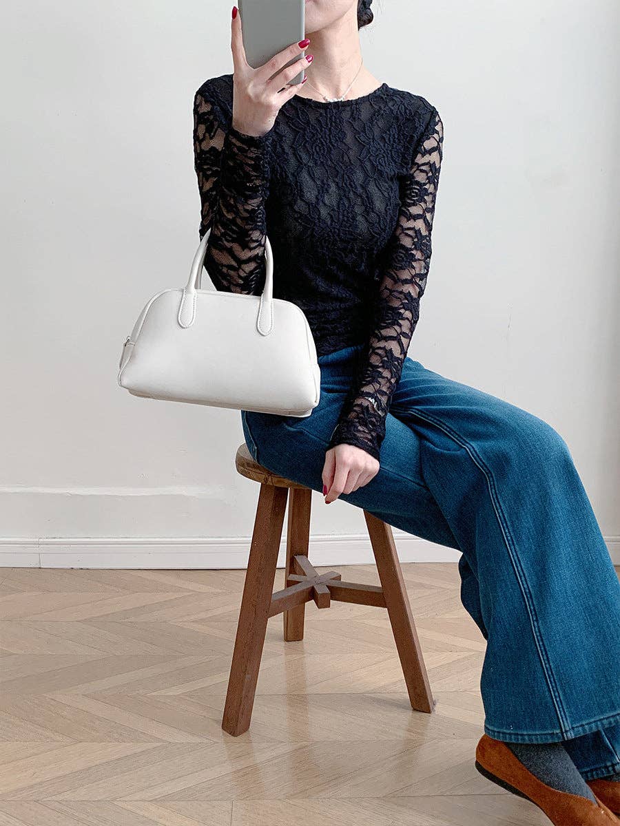 Women’s Sheer Floral Lace Long Sleeve Blouse – Fitted Scoop Neck Top