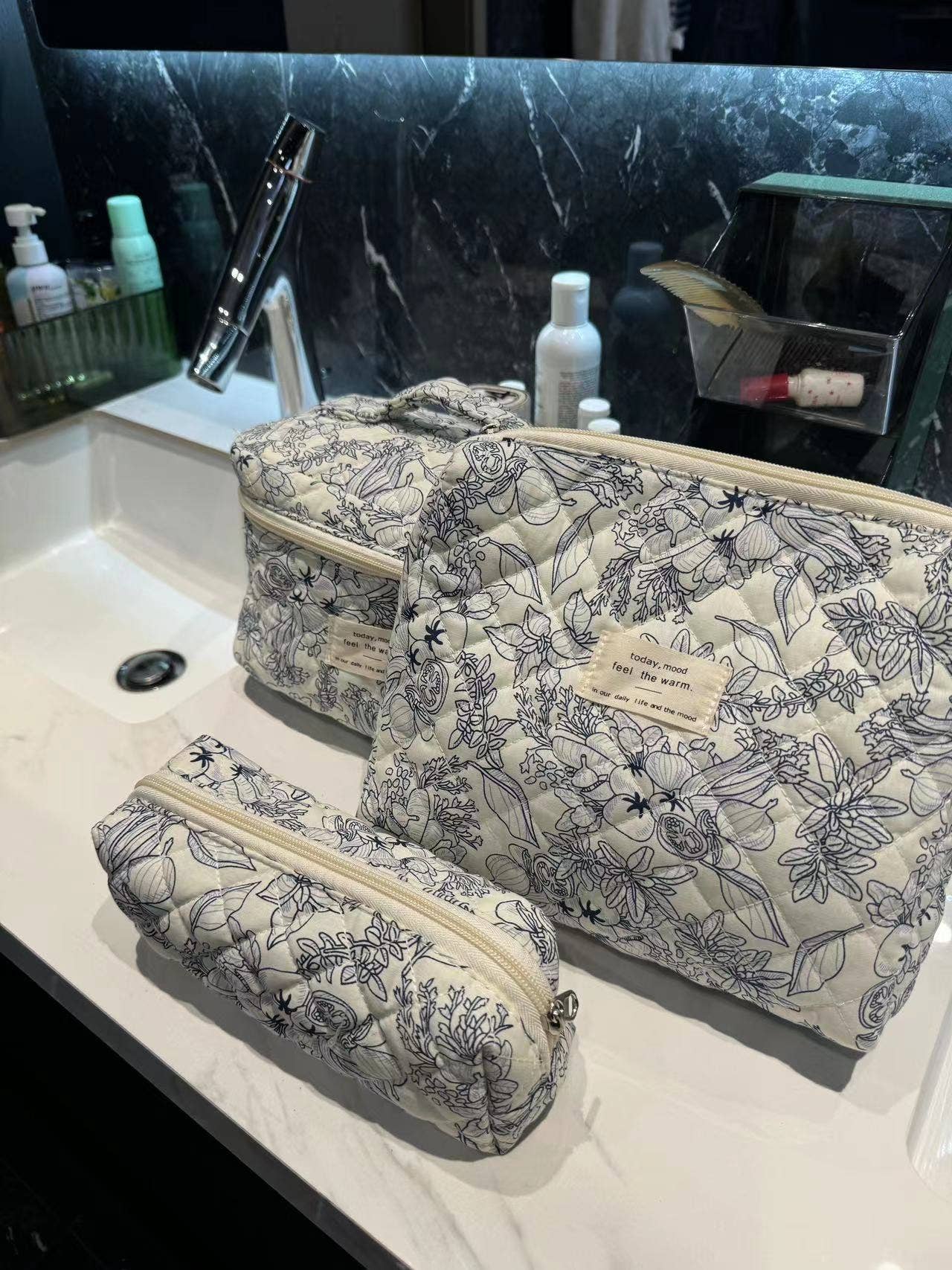 3 Pieces Set Cute Cotton Cosmetic Bag Portable Wash Storage