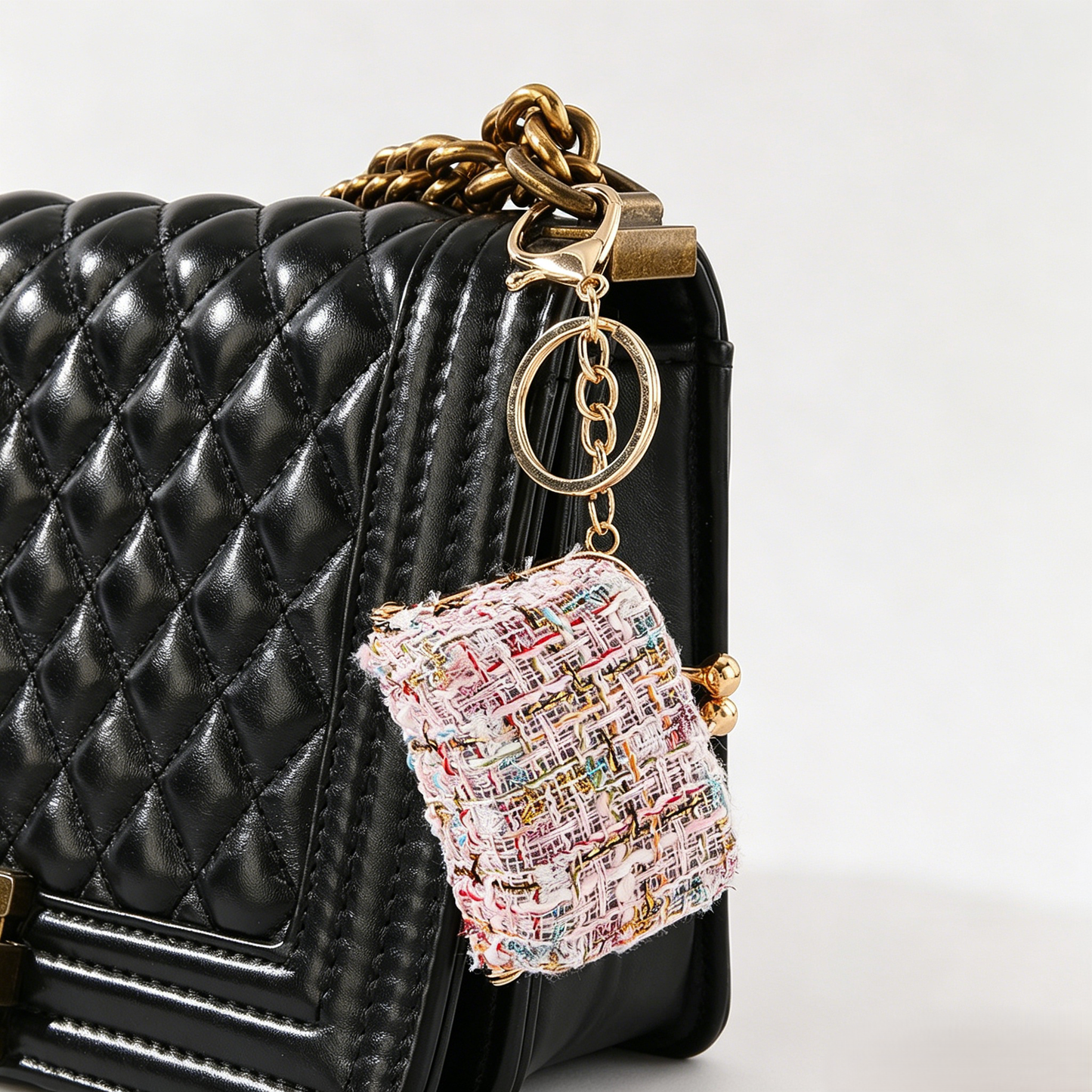 Tweed Kiss Lock Mini Coin Purse Keychain Bag Charm Accessory