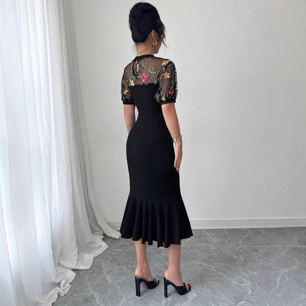 Embroidered Mesh Asymmetrical Hem Slim Dress: BLACK / XXL