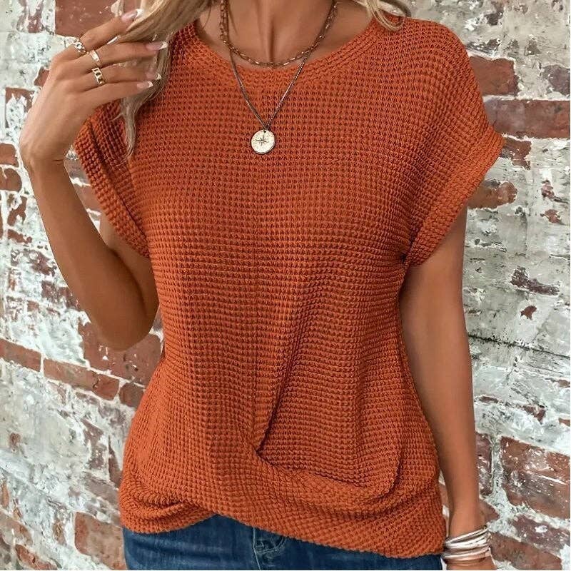 Solid Color Round Neck Twist Short Sleeve T-Shirt: BLACK / L