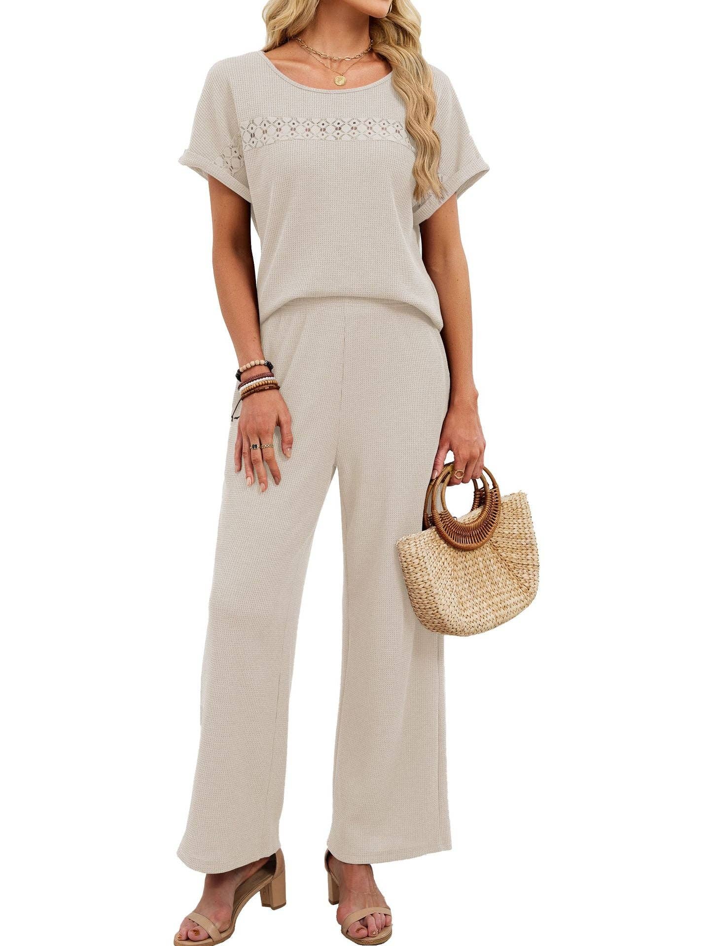 Lace Detail Short Sleeve Top and Wide Leg Pants Set
