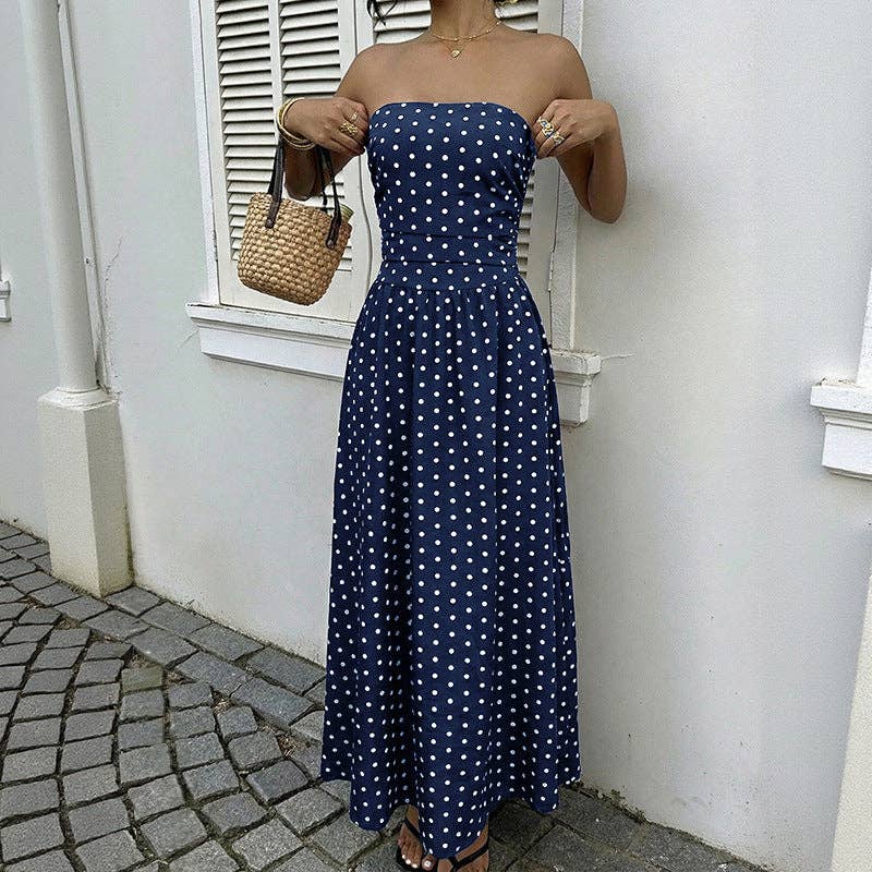 Women’s Strapless Polka Dot High Waist Maxi Dress