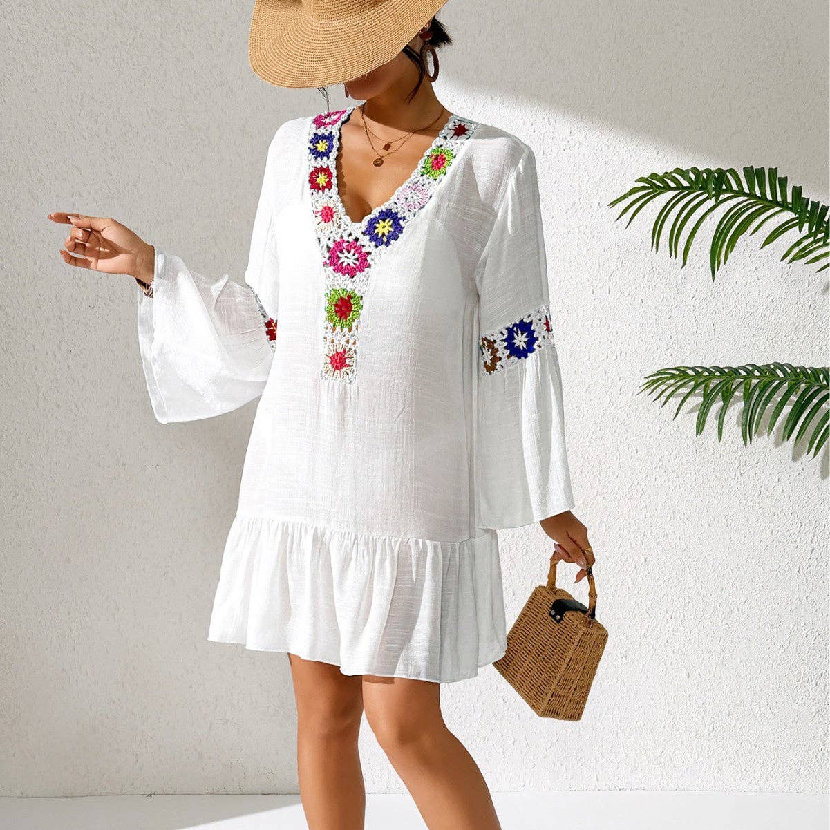 Boho Crochet Trim V-Neck Bell Sleeve Ruffle Dress – Summer Resort Dress