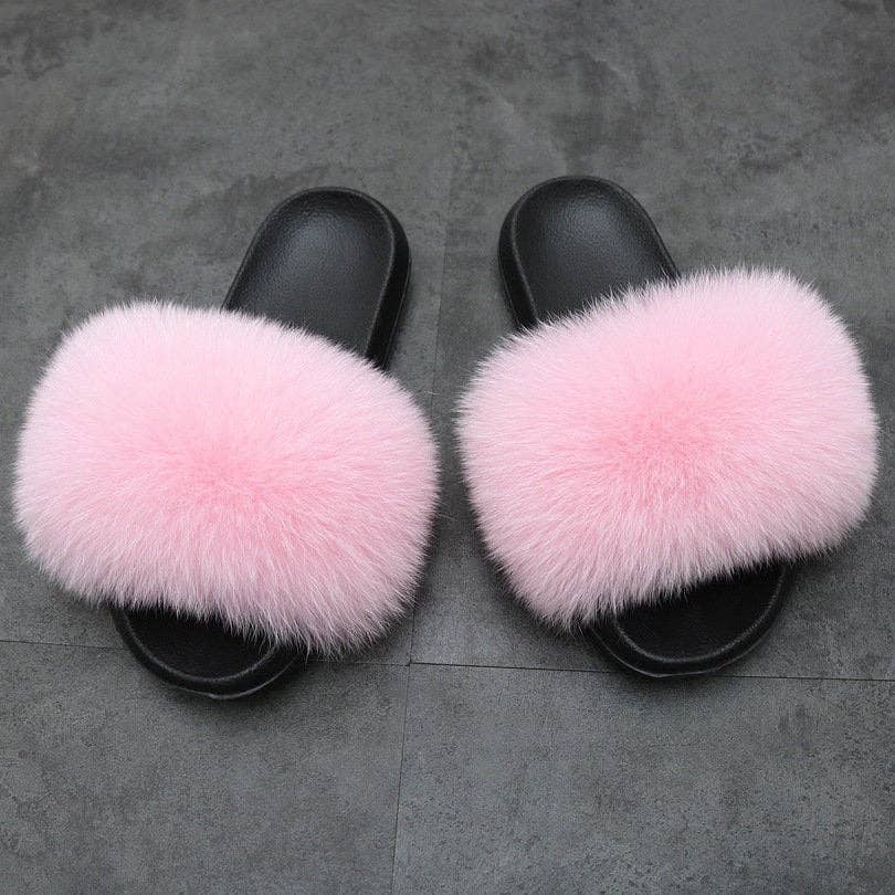 Real Fox Fur Slides Women Puffy Candy Color Fur Slippers