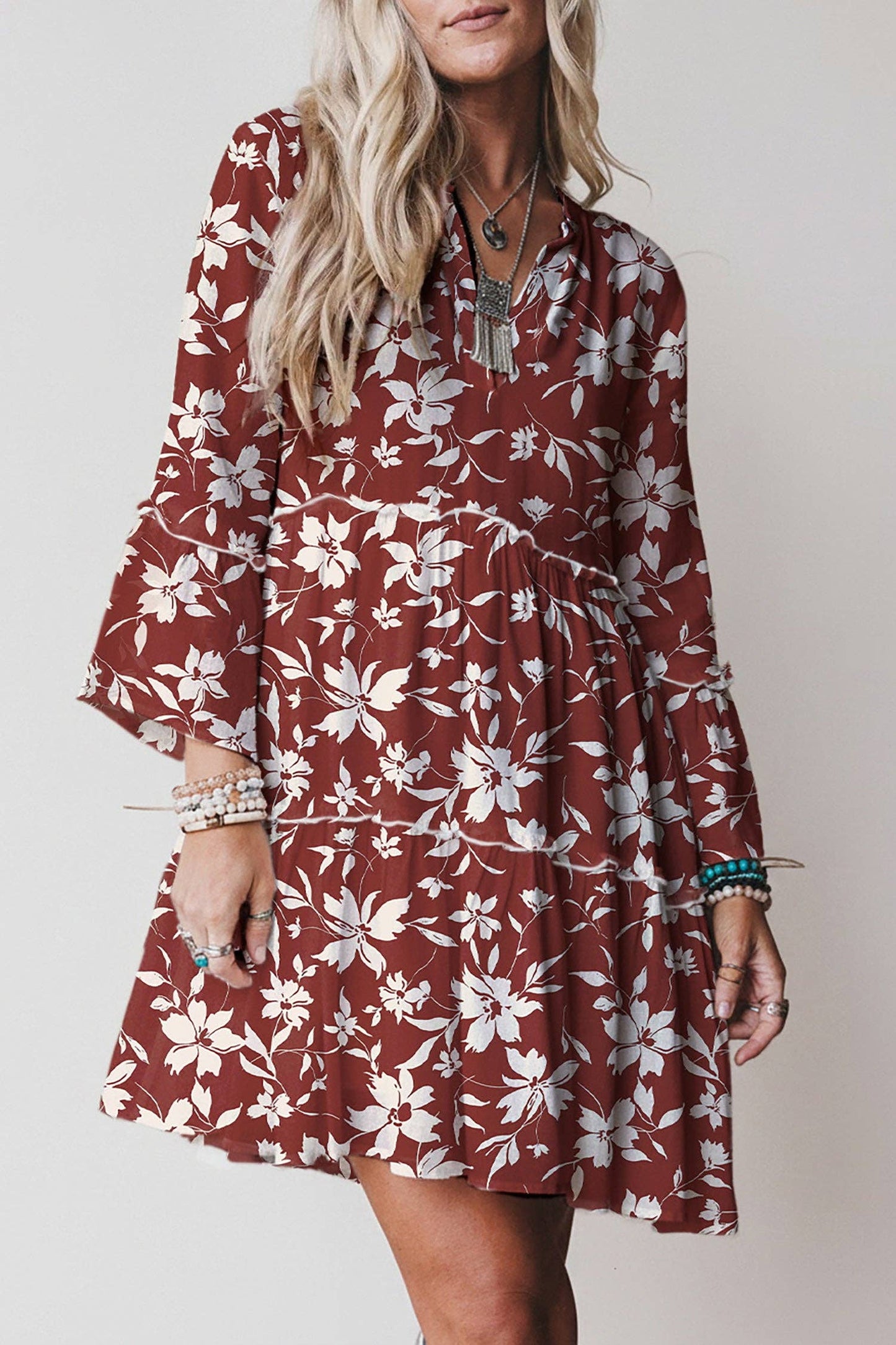 Sky Blue Boho Floral Print Lettuce Trim 3/4 Sleeve Mini Dress: Blue / 100%Viscose / 2XL
