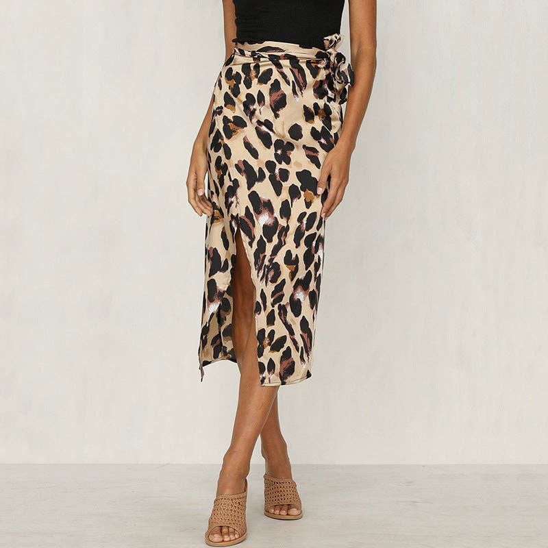 Women Elegant Leopard Print Splice Mid Skirt