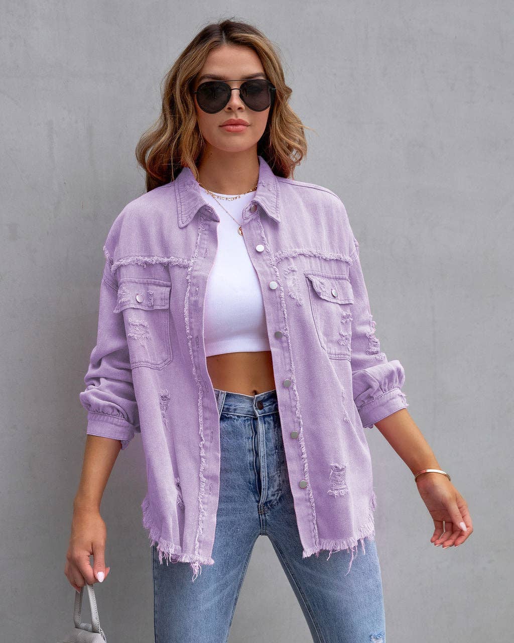 Trendy Casual Mid-Length Distressed Denim Jacket for Women