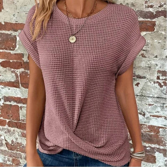 Solid Color Round Neck Twist Short Sleeve T-Shirt: BLACK / L