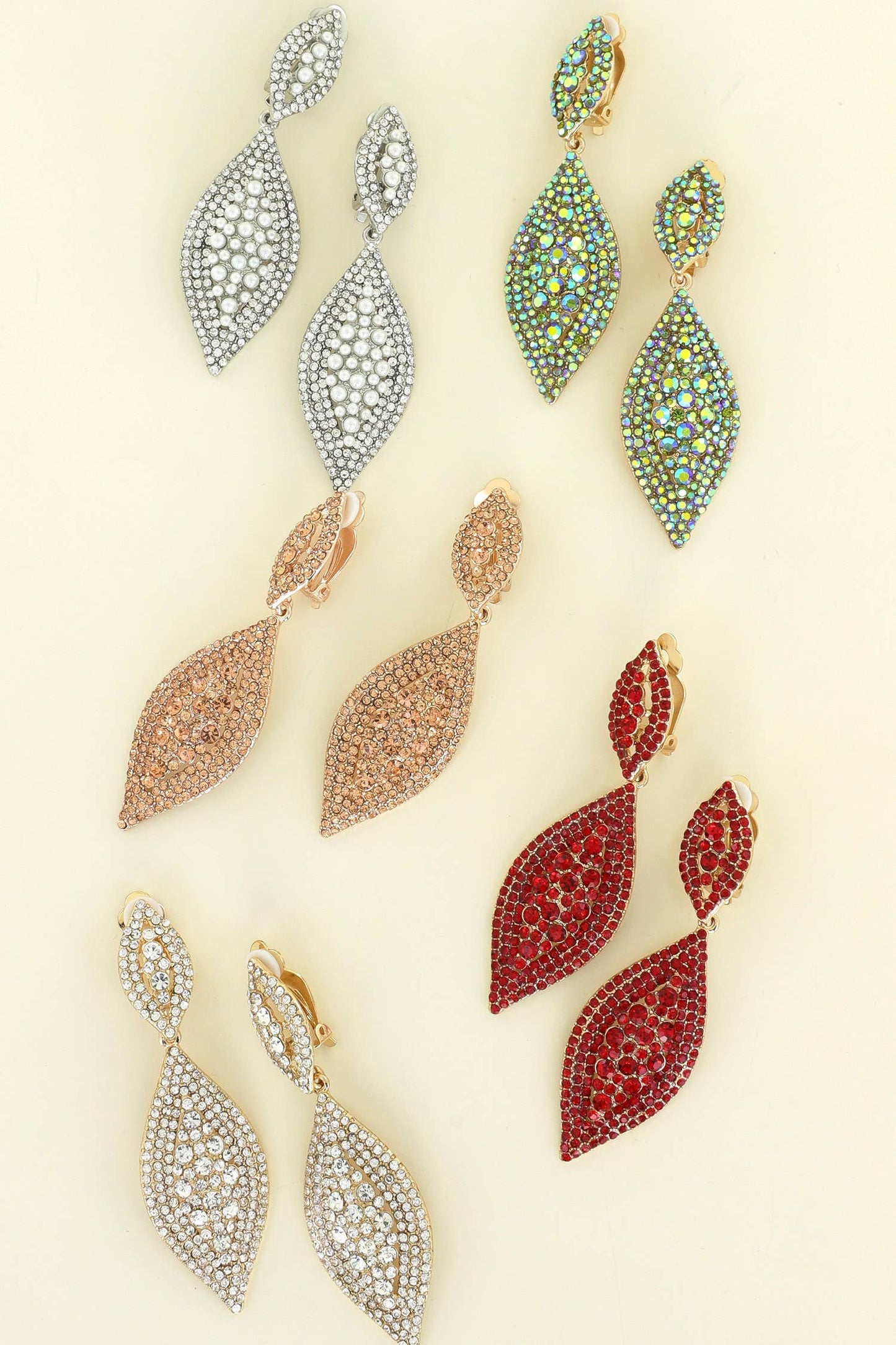 Leaf Shaped Rhinestone & Pearl CLIP ON Earrings