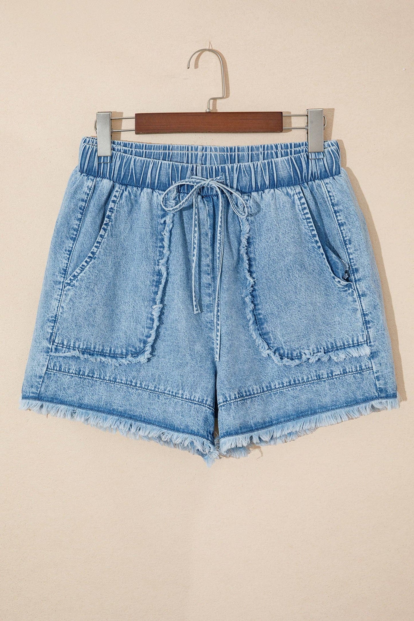 Washed Denim Shorts Drawstring Frayed Casual Summer