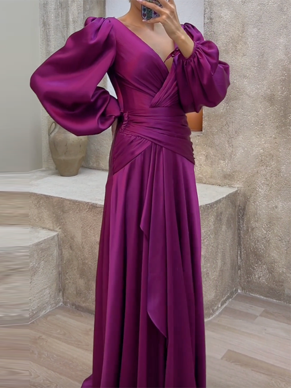 Look-Thin Pleated Solid Color V-Cut Long Sleeves Maxi Dresses
