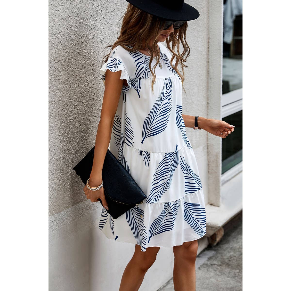 Leaf Print Loose Fit Color Block Sleeves Ruffle Dress