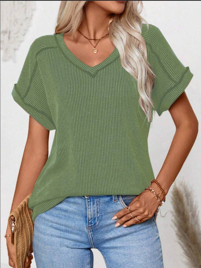 Two Tone Ribbed V Neck Short Sleeve Loose Knit Top