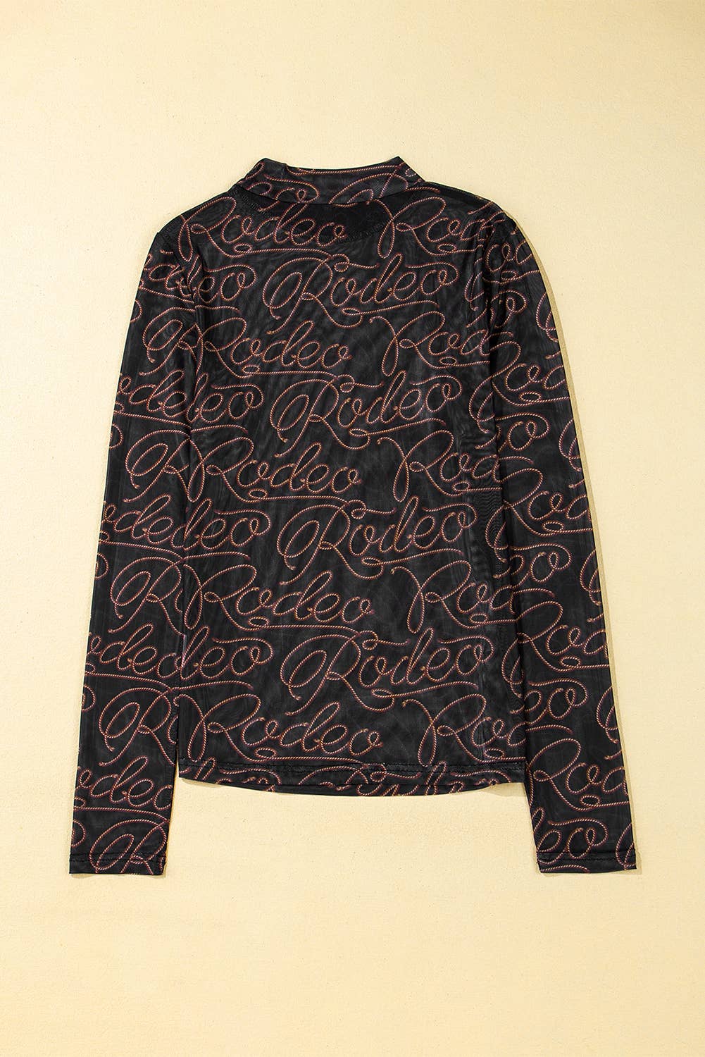 Black Western Rodeo Printed Mock Neck Long Sleeve Mesh Top: Black / 95%Polyester+5%Elastane / S
