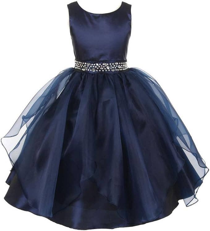 Little Girls Sparkling Stone Waist Organza Party Dress: White / 14