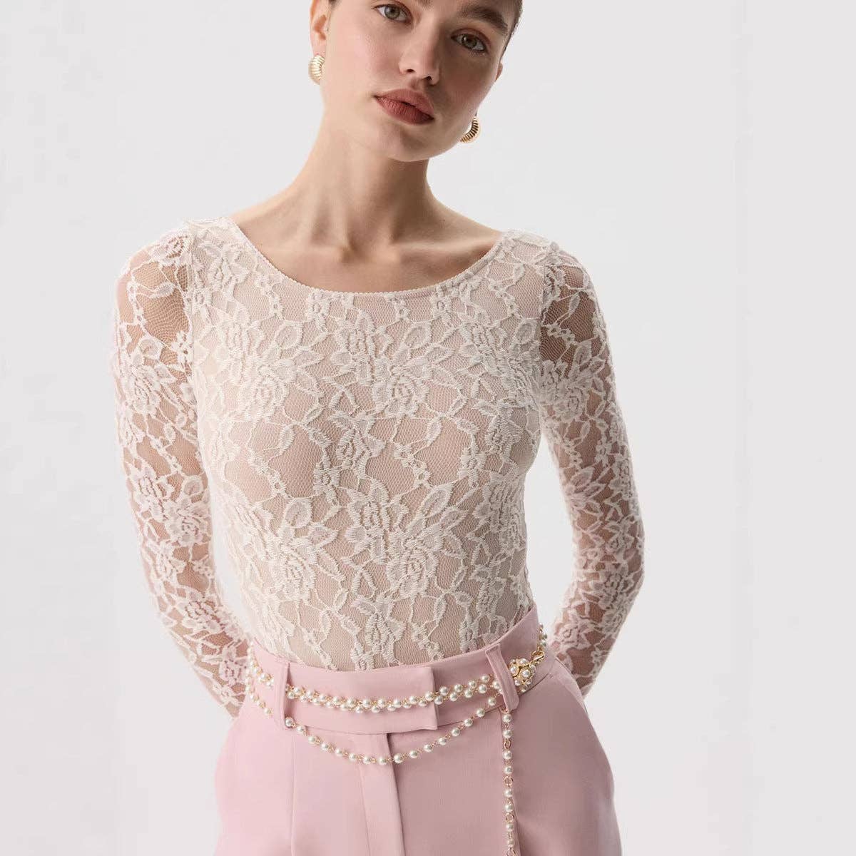 Women’s Sheer Floral Lace Long Sleeve Blouse – Fitted Scoop Neck Top