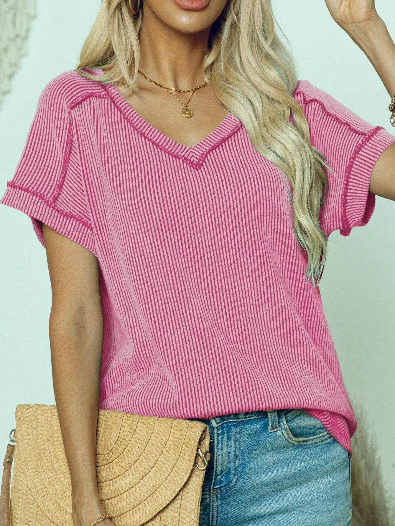 Two Tone Ribbed V Neck Short Sleeve Loose Knit Top