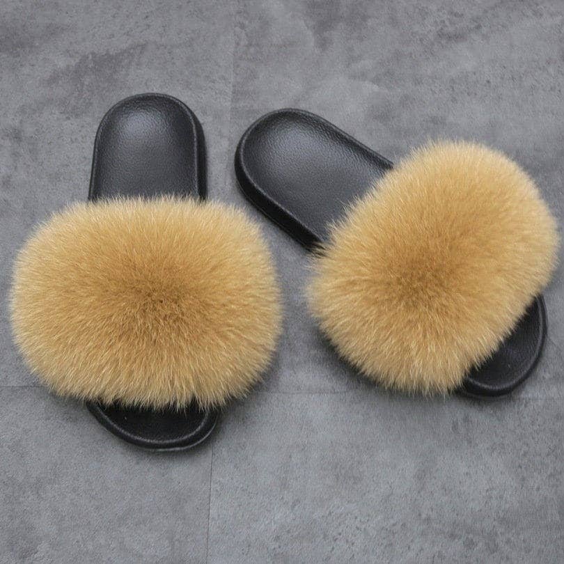 Real Fox Fur Slides Women Puffy Candy Color Fur Slippers