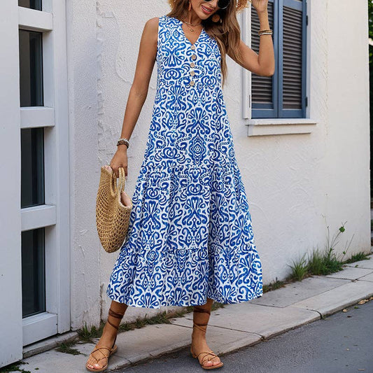 Women’s V-Neck Button-Down Floral Sleeveless Casual French Dress