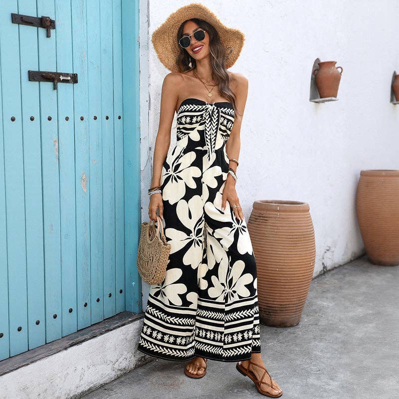 Black Floral Strapless Backless Wide Leg Jumpsuit