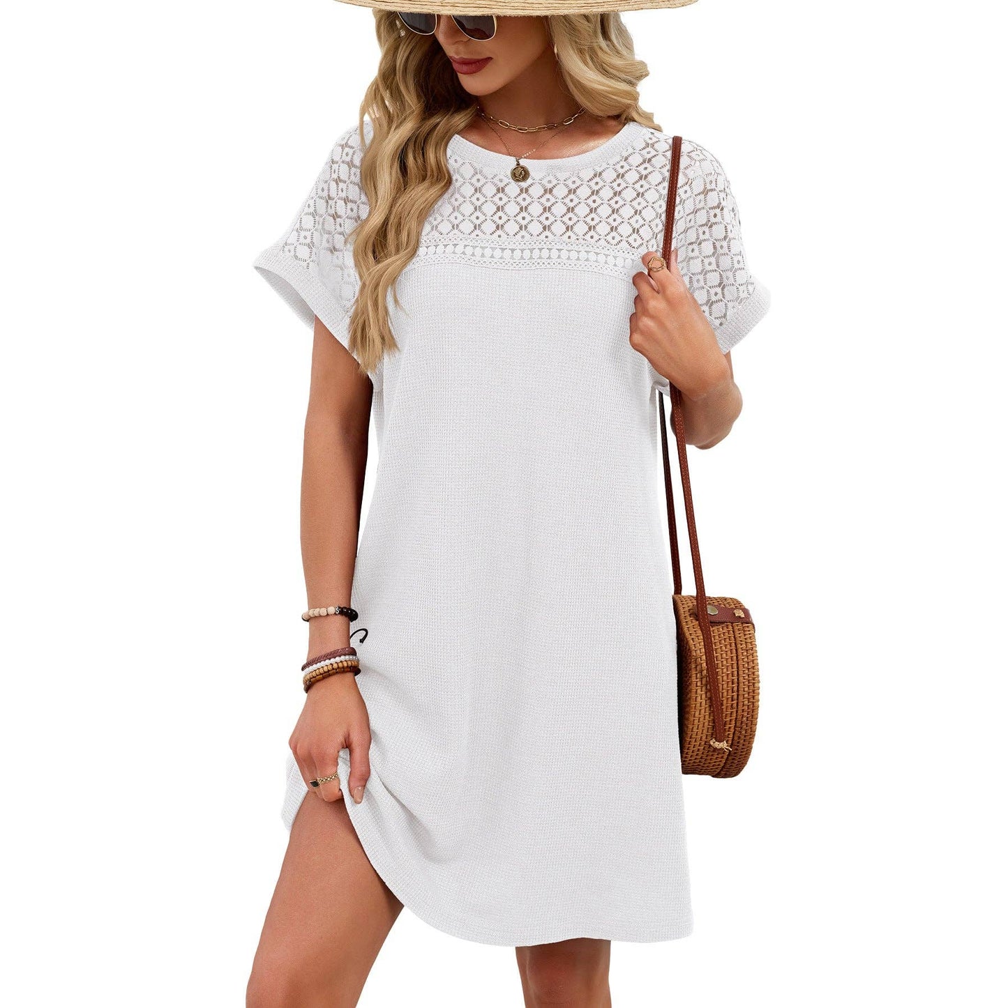 Lace Patchwork Casual Short Sleeve Loose Summer Dress: Blue Gray / 65%Rayon 30%Polyester 5%Spandex