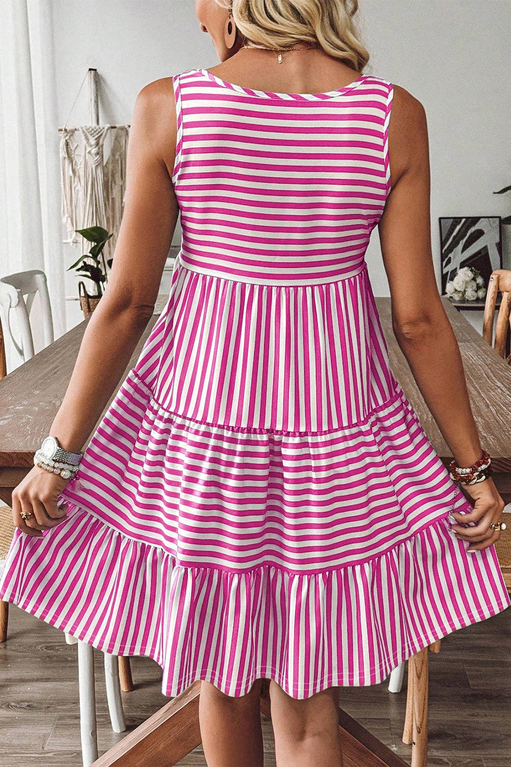Sky Blue Stripe U Neck Sleeveless Loose Fit Mini Dress: Rose Stripe / 95%Cotton+5%Elastane