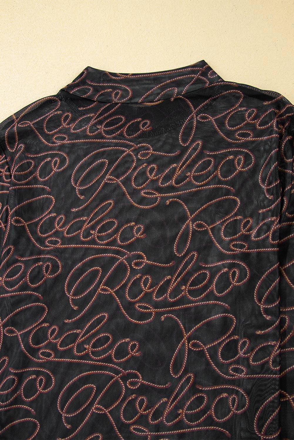Black Western Rodeo Printed Mock Neck Long Sleeve Mesh Top: Black / 95%Polyester+5%Elastane / M