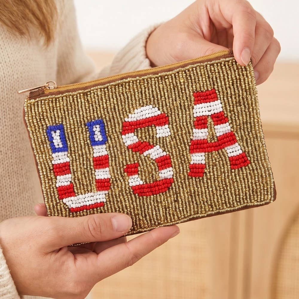Usa Theme Golden Seed Beaded Coin Purse