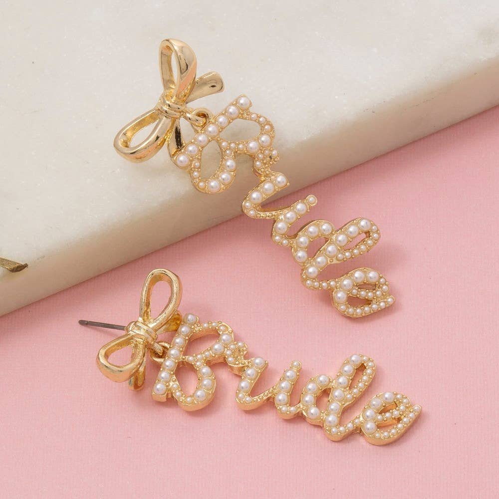 Pearl Pave Bride And Bow Stud Dangle Earrings