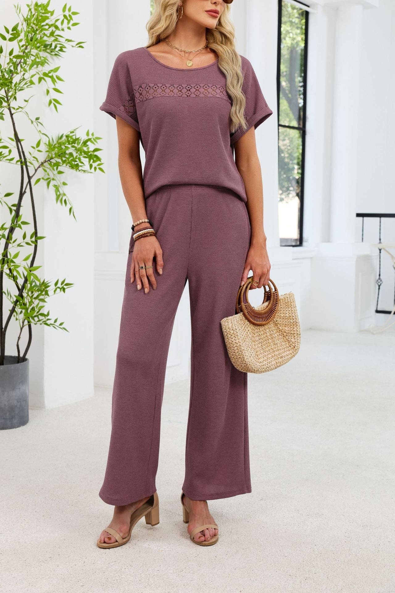 Lace Detail Short Sleeve Top and Wide Leg Pants Set