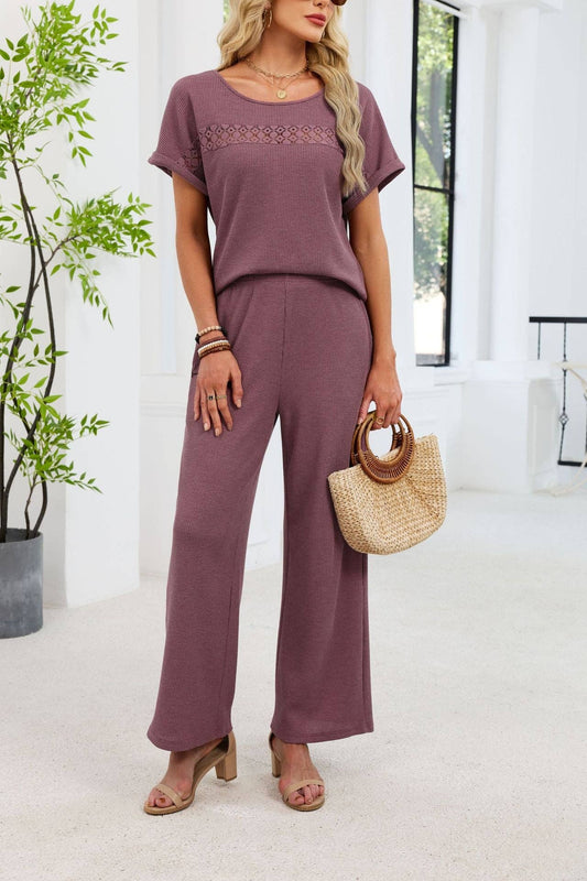 Lace Detail Short Sleeve Top and Wide Leg Pants Set
