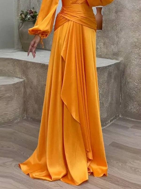 Look-Thin Pleated Solid Color V-Cut Long Sleeves Maxi Dresses