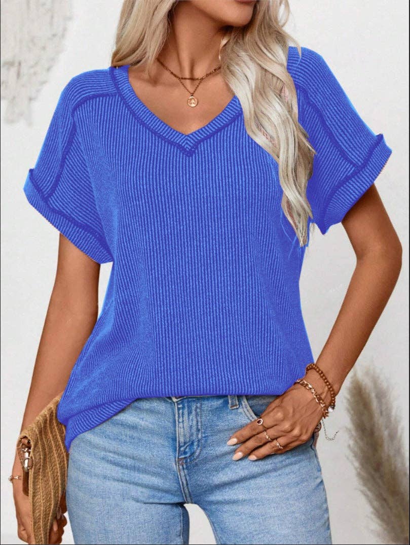 Two Tone Ribbed V Neck Short Sleeve Loose Knit Top