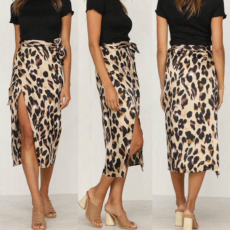 Women Elegant Leopard Print Splice Mid Skirt
