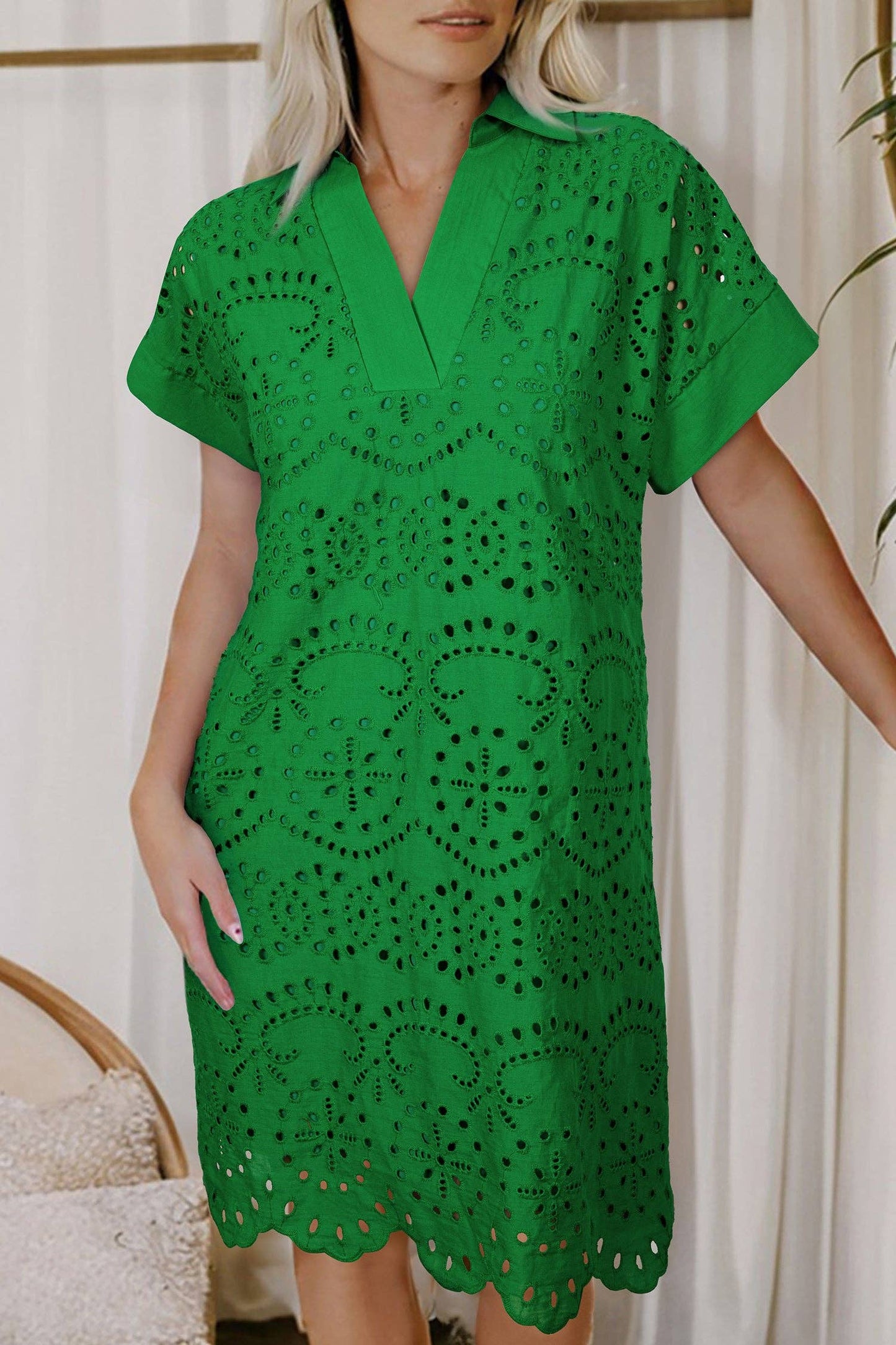 Green Solid Color Eyelet Embroidered T Shirt Mini Dress: Green / 100%Cotton / XL