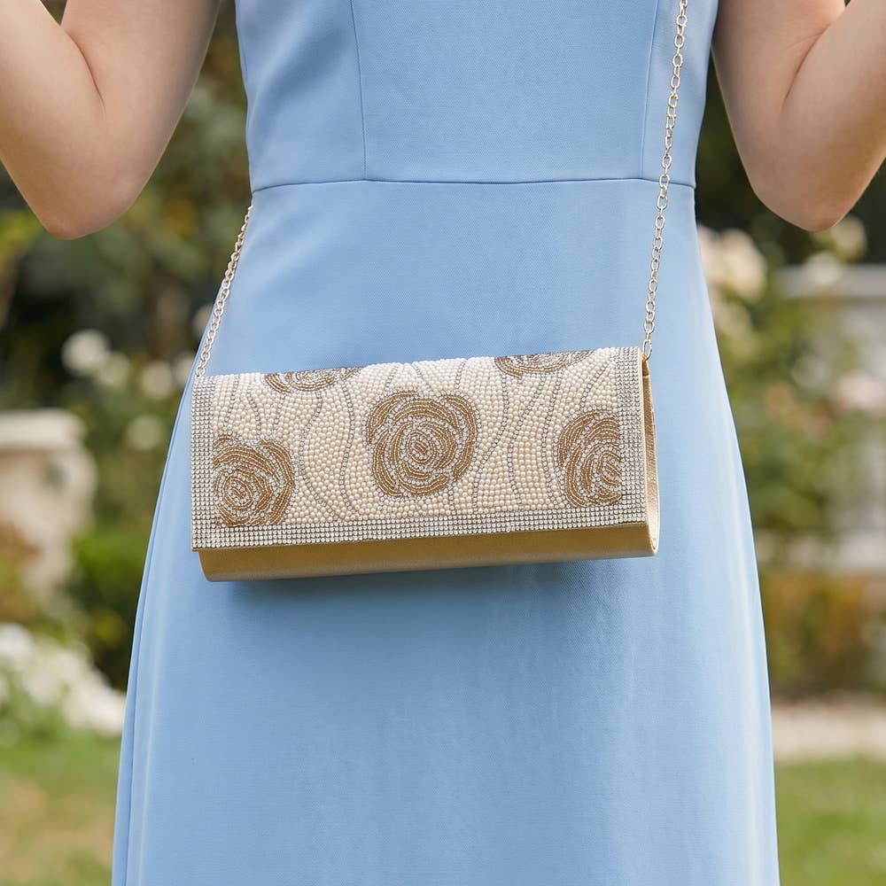 Beaded Rose Motif Rhinestone Trim Satin Clutch