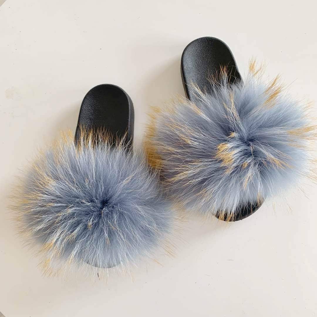 Women Long Raccoon Fur Slides With Color Hair Tip Real Fur