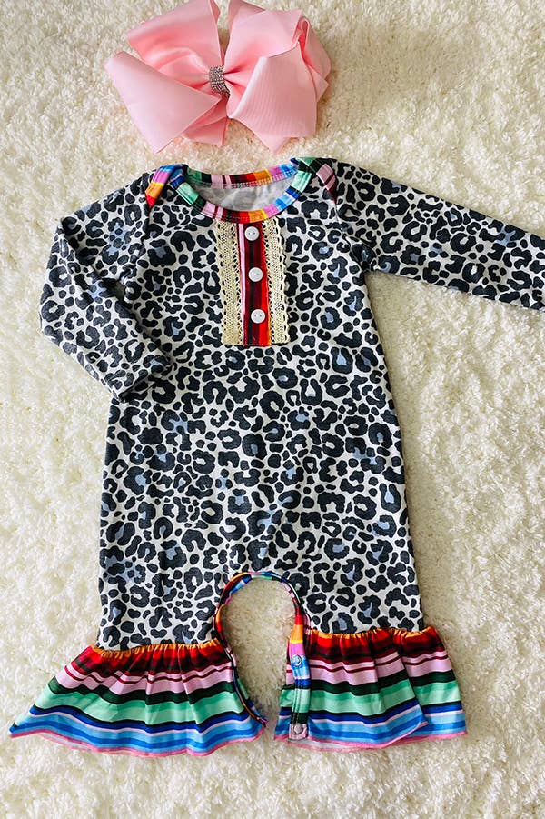 Blue leopard long sleeve baby rompers with serape