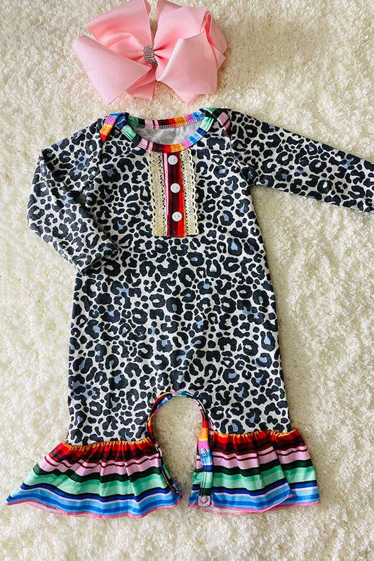 Blue leopard long sleeve baby rompers with serape