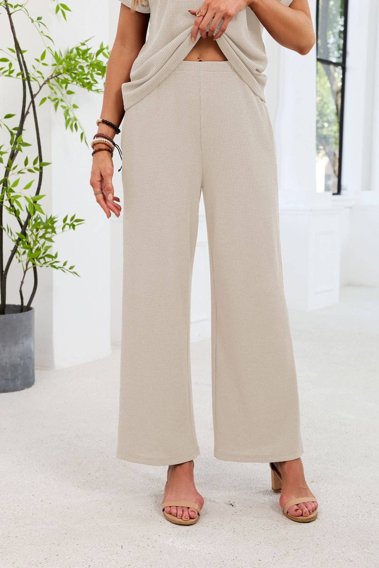 Lace Detail Short Sleeve Top and Wide Leg Pants Set