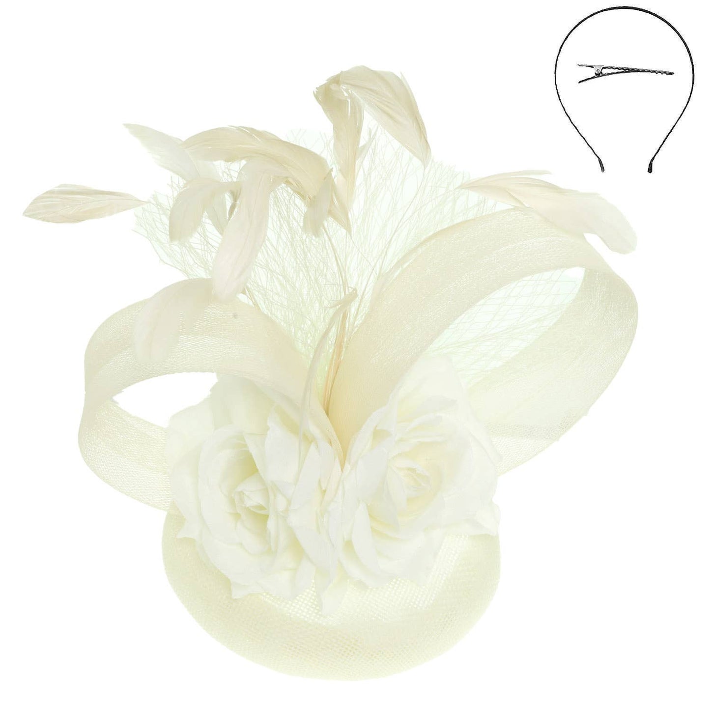 Floral Feathered Disc Fascinator with Hair Clip and Headband