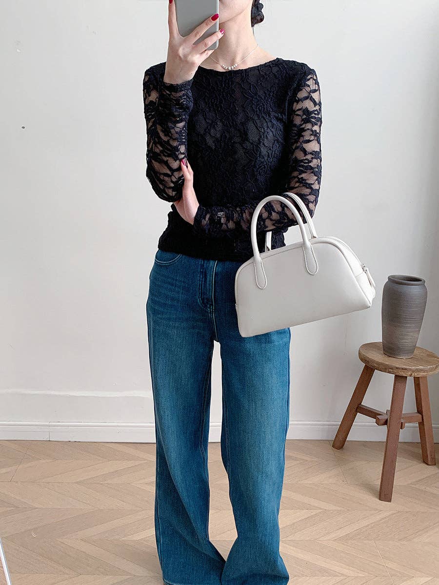 Women’s Sheer Floral Lace Long Sleeve Blouse – Fitted Scoop Neck Top