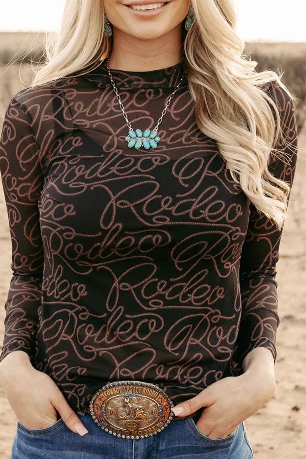 Black Western Rodeo Printed Mock Neck Long Sleeve Mesh Top: Black / 95%Polyester+5%Elastane / L