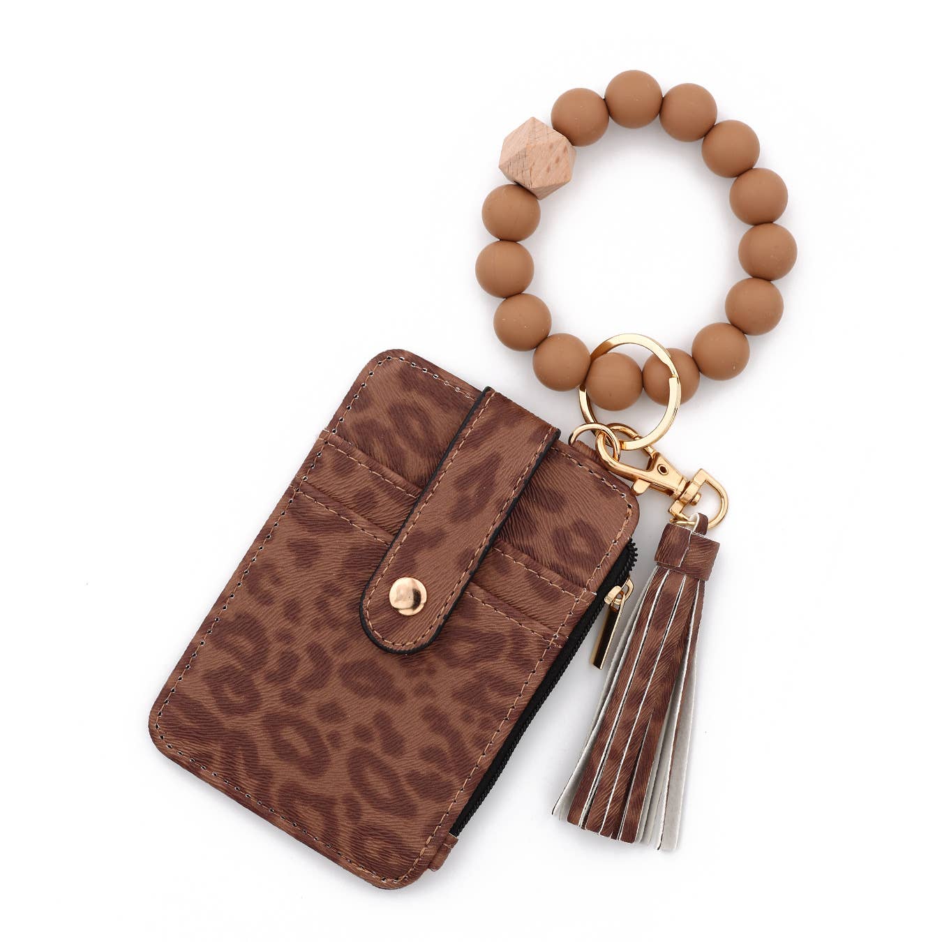 Leopard Print Card Holder with Beaded Wristlet Keychain