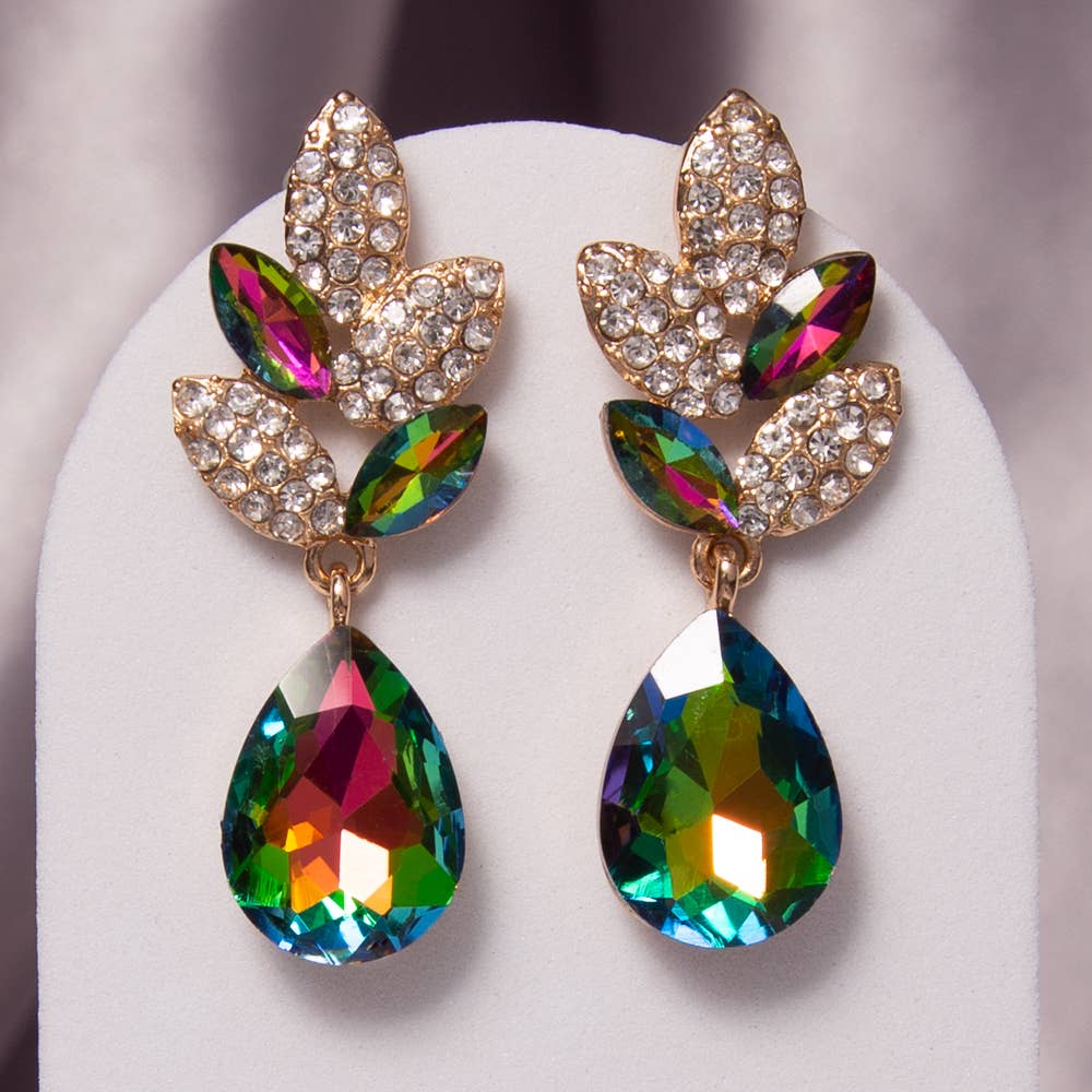 2-Tier Crystal Rhinestone Leaf Accent Dangle Earrings
