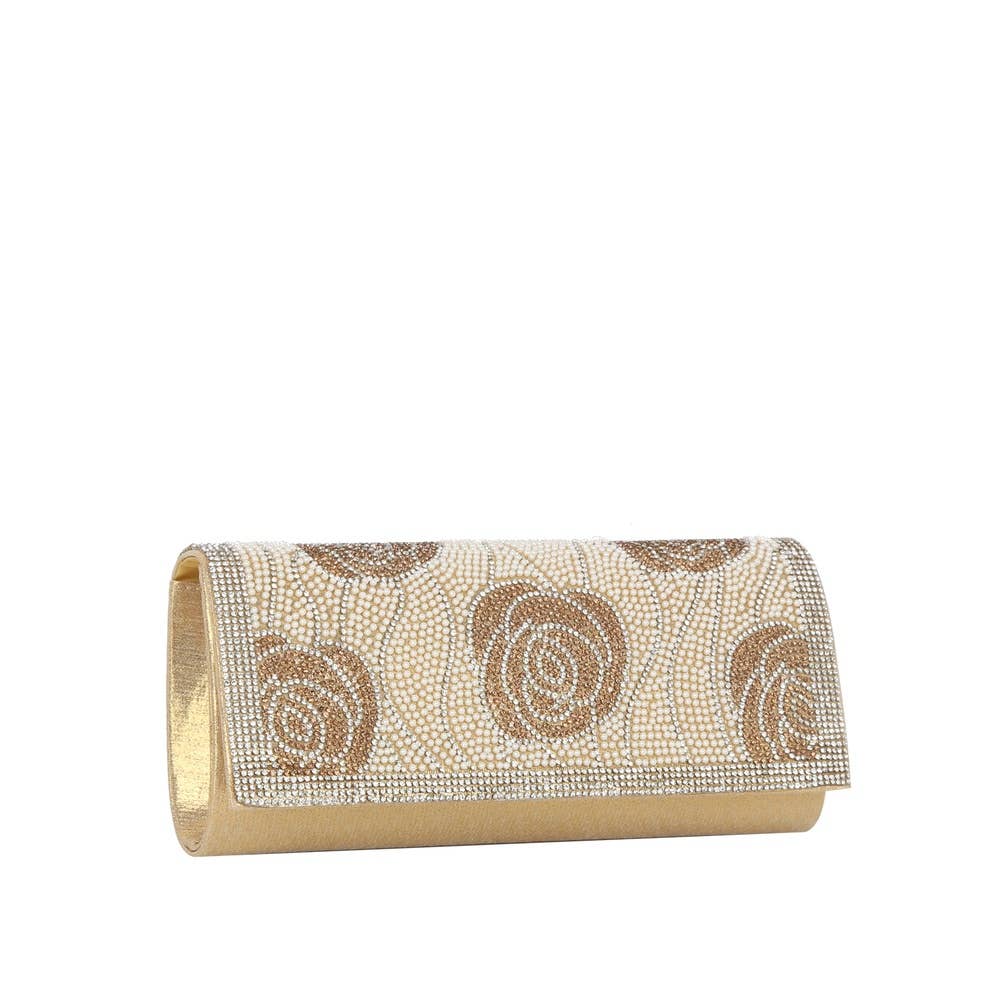 Beaded Rose Motif Rhinestone Trim Satin Clutch