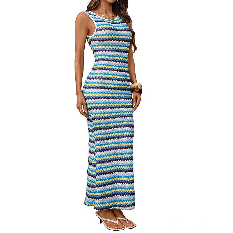 Womens Striped Knit Bodycon Midi Dress Sleeveless