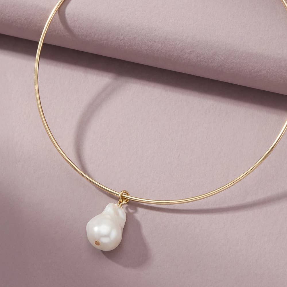 Baroque Pearl Drop Omega Wire Rigid Collar Necklace