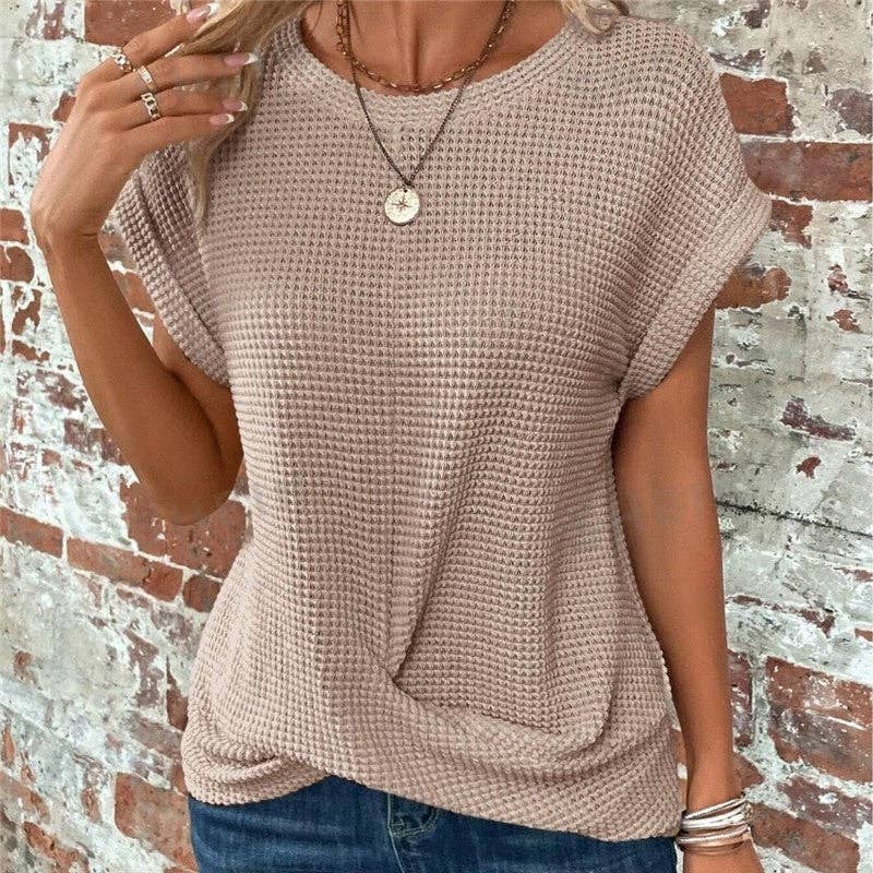 Solid Color Round Neck Twist Short Sleeve T-Shirt: BLACK / L
